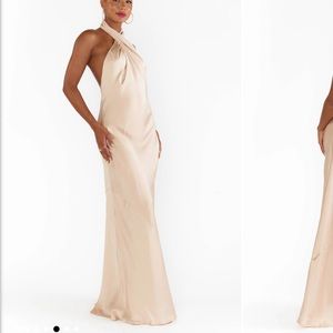 Show Me Your Mumu Jasmine Halter Maxi Bridesmaid Dress in Champagne luxe satin